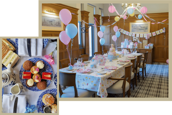 Afternoon tea and a baby shower table at Moor Hall