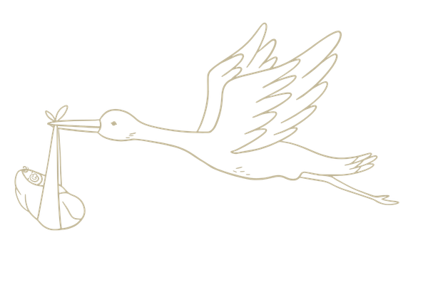 Gold illustration of a stork carrying a baby