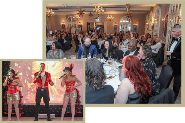 Guests and live entertainment at a Moor Hall charity dinner